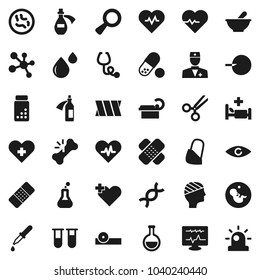Flat vector icon set - heart pulse vector, pills vial, molecule, cross, doctor, flask, eye, dna, magnifier, pregnancy, insemination, dropper, scissors, broken bone, patch, stethoscope, mortar, hat