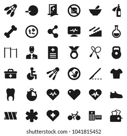 Flat vector icon set - heart pulse vector, stopwatch, bike, weight, jump rope, horizontal bar, snickers, t shirt, medal, molecule, stairways run, shuttlecock, no fastfood, cross, bone, doctor bag