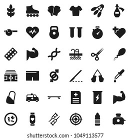 Flat vector icon set - heart pulse vector, stadium, stopwatch, weight, muscule hand, boxing glove, shorts, t shirt, roller Skates, skateboard, target, enegry drink, monitor, water bottle, cereals