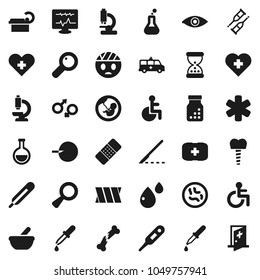 Flat vector icon set - heart cross vector, first aid kit, ambulance star, disabled, thermometer, flask, eye, gender sign, magnifier, pregnancy, insemination, dropper, crutches, scalpel, broken bone