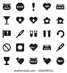 Flat vector icon set - heart pulse vector, prohibition sign, cross, attention, glass, rec button, thermometer, vial, undo, stop, sale signboard, low price, love home, new