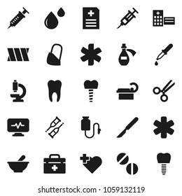 Flat vector icon set - heart cross vector, doctor bag, ambulance star, syringe, dropper, crutches, scissors, scalpel, pills, mortar, microscope, blood drop, anamnesis, hospital building, tomography