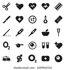 Flat vector icon set - heart pulse vector, cross, first aid kit, oxygen, thermometer, vial, gender sign, crutches, scissors, scalpel, patch, pills blister, mortar, eye doctor hat, microbs, ovule