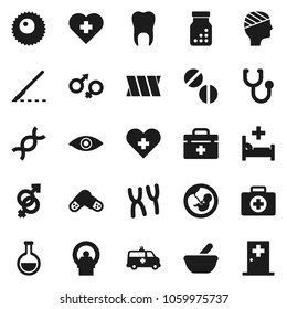 Flat vector icon set - heart cross vector, first aid kit, doctor bag, flask, eye, gender sign, dna, pregnancy, scalpel, stethoscope, pills, bottle, mortar, chromosomes, hospital bed, amkbulance car