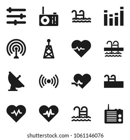 Flat vector icon set - heart pulse vector, pool, satellite antenna, equalizer, wireless, radio
