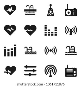 Flat vector icon set - heart pulse vector, pool, antenna, equalizer, wireless, radio
