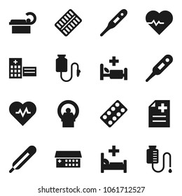 Flat vector icon set - heart pulse vector, thermometer, pills blister, anamnesis, hospital bed, building, tomography, drop counter