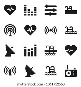 Flat vector icon set - heart pulse vector, pool, satellite antenna, equalizer, wireless, radio