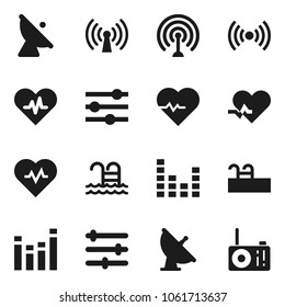 Flat vector icon set - heart pulse vector, pool, satellite antenna, equalizer, wireless, radio