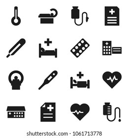 Flat vector icon set - heart pulse vector, thermometer, pills blister, anamnesis, hospital bed, building, tomography, drop counter