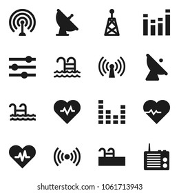 Flat vector icon set - heart pulse vector, pool, satellite antenna, equalizer, wireless, radio