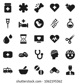 Flat vector icon set - heart monitor vector, cross, first aid kit, ambulance star, pulse, flask, pregnancy, crutches, scissors, broken bone, sand clock, stethoscope, pills, bottle, mortar, doctor