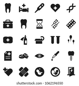 Flat vector icon set - heart cross vector, first aid kit, doctor bag, thermometer, vial, eye, dna, pregnancy, dropper, crutches, sand clock, patch, pills, blister, anamnesis, hospital bed, potion