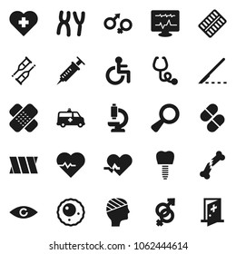 Flat vector icon set - heart pulse vector, cross, disabled, eye, gender sign, magnifier, syringe, crutches, scalpel, broken bone, patch, stethoscope, pills, blister, microscope, chromosomes, bandage