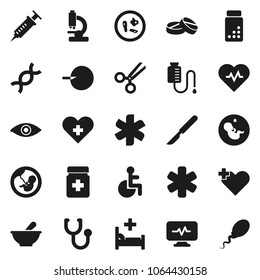 Flat vector icon set - heart pulse vector, pill bottle, ambulance star, disabled, cross, eye, dna, pregnancy, insemination, syringe, scissors, scalpel, stethoscope, bottle, mortar, microscope, sperm