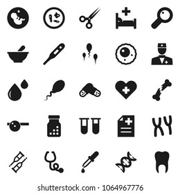 Flat vector icon set - heart cross vector, doctor, thermometer, vial, dna, magnifier, pregnancy, dropper, crutches, scissors, broken bone, stethoscope, pills, bottle, mortar, eye hat, microbs, sperm