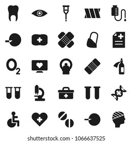 Flat vector icon set - heart monitor vector, first aid kit, oxygen, doctor bag, disabled, cross, vial, eye, dna, insemination, crutches, patch, pills, microscope, anamnesis, tomography, potion, head