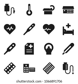 Flat vector icon set - heart pulse vector, thermometer, pills blister, anamnesis, hospital bed, building, tomography, drop counter