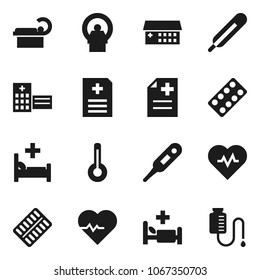 Flat vector icon set - heart pulse vector, thermometer, pills blister, anamnesis, hospital bed, building, tomography, drop counter