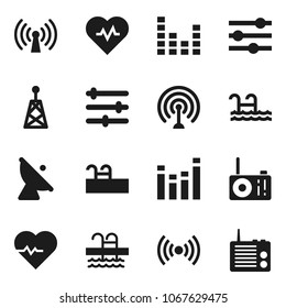 Flat vector icon set - heart pulse vector, pool, satellite antenna, equalizer, wireless, radio