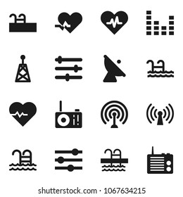 Flat vector icon set - heart pulse vector, pool, satellite antenna, equalizer, wireless, radio
