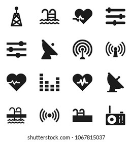 Flat vector icon set - heart pulse vector, pool, satellite antenna, equalizer, wireless, radio