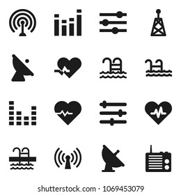 Flat vector icon set - heart pulse vector, pool, satellite antenna, equalizer, wireless, radio