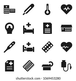 Flat vector icon set - heart pulse vector, thermometer, pills blister, anamnesis, hospital bed, building, tomography, drop counter