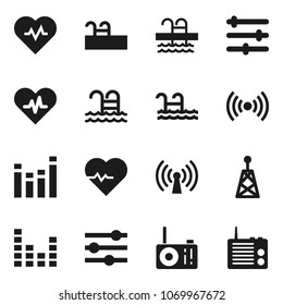 Flat vector icon set - heart pulse vector, pool, antenna, equalizer, wireless, radio