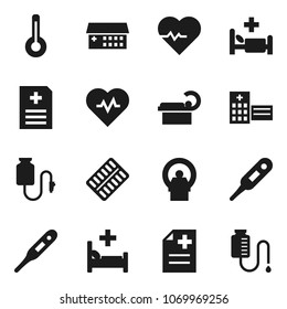 Flat vector icon set - heart pulse vector, thermometer, pills blister, anamnesis, hospital bed, building, tomography, drop counter