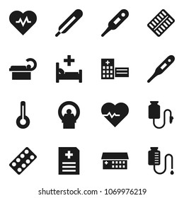 Flat vector icon set - heart pulse vector, thermometer, pills blister, anamnesis, hospital bed, building, tomography, drop counter
