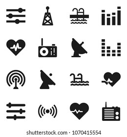 Flat vector icon set - heart pulse vector, pool, satellite antenna, equalizer, wireless, radio