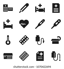 Flat vector icon set - heart pulse vector, thermometer, pills blister, anamnesis, hospital bed, building, tomography, drop counter