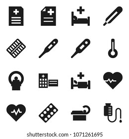 Flat vector icon set - heart pulse vector, thermometer, pills blister, anamnesis, hospital bed, building, tomography, drop counter