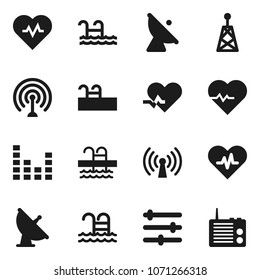 Flat vector icon set - heart pulse vector, pool, satellite antenna, equalizer, wireless, radio