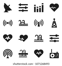 Flat vector icon set - heart pulse vector, pool, satellite antenna, equalizer, wireless, radio