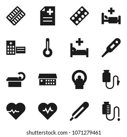 Flat vector icon set - heart pulse vector, thermometer, pills blister, anamnesis, hospital bed, building, tomography, drop counter