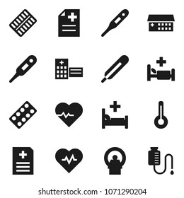 Flat vector icon set - heart pulse vector, thermometer, pills blister, anamnesis, hospital bed, building, tomography, drop counter