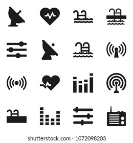 Flat vector icon set - heart pulse vector, pool, satellite antenna, equalizer, wireless, radio
