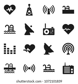 Flat vector icon set - heart pulse vector, pool, satellite antenna, equalizer, wireless, radio