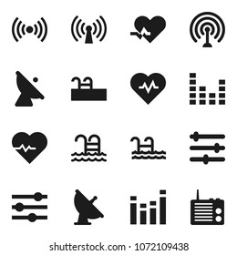Flat vector icon set - heart pulse vector, pool, satellite antenna, equalizer, wireless, radio