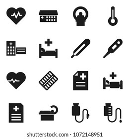 Flat vector icon set - heart pulse vector, thermometer, pills blister, anamnesis, hospital bed, building, tomography, drop counter