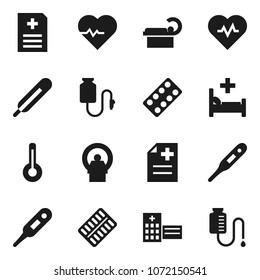 Flat vector icon set - heart pulse vector, thermometer, pills blister, anamnesis, hospital bed, building, tomography, drop counter