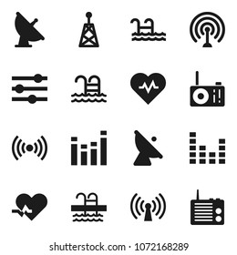 Flat vector icon set - heart pulse vector, pool, satellite antenna, equalizer, wireless, radio