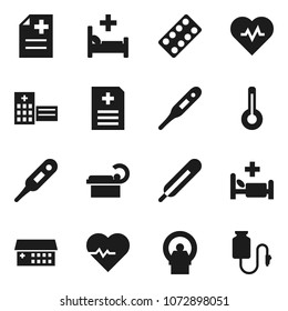 Flat vector icon set - heart pulse vector, thermometer, pills blister, anamnesis, hospital bed, building, tomography, drop counter