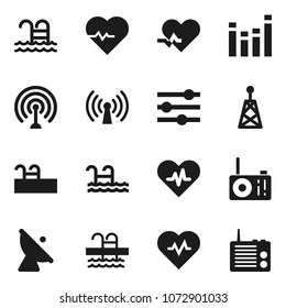 Flat vector icon set - heart pulse vector, pool, satellite antenna, equalizer, wireless, radio