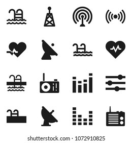 Flat vector icon set - heart pulse vector, pool, satellite antenna, equalizer, wireless, radio