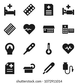 Flat vector icon set - heart pulse vector, thermometer, pills blister, anamnesis, hospital bed, building, tomography, drop counter