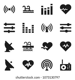 Flat vector icon set - heart pulse vector, pool, satellite antenna, equalizer, wireless, radio