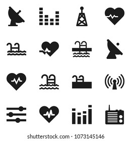 Flat vector icon set - heart pulse vector, pool, satellite antenna, equalizer, wireless, radio